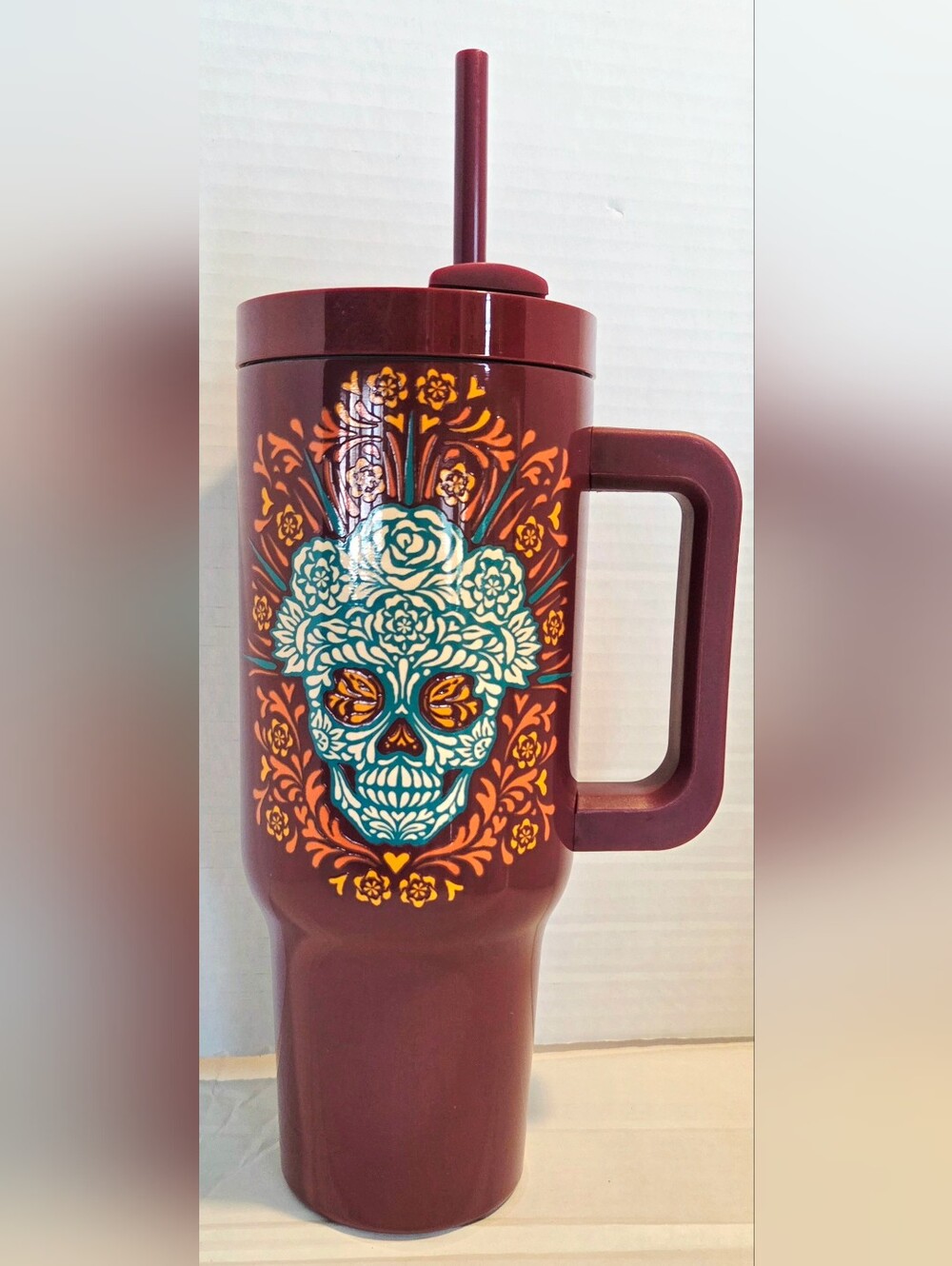 Burgundy Floral Skull Travel Tumbler with Handle and Straw 40 Oz